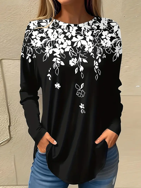 

Women Floral Long Sleeve Tee T-shirt Crew Neck Printing Casual Spring/Fall Graphic Tee Top, Black, T-Shirts