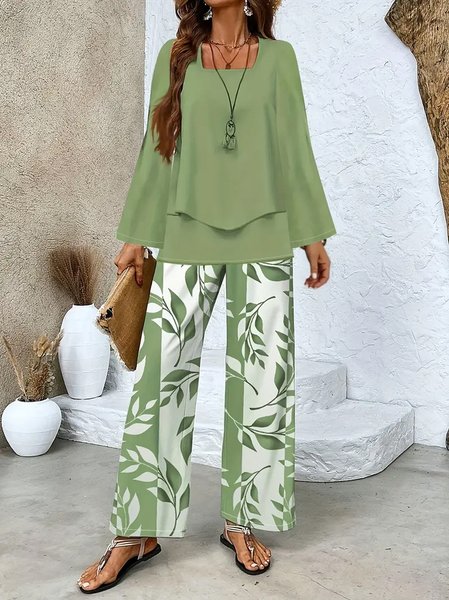 

Women Floral Printing Two-Piece Set Daily Long Sleeve Casual Spring/Fall Top With Pants Matching Set, Green, Sets
