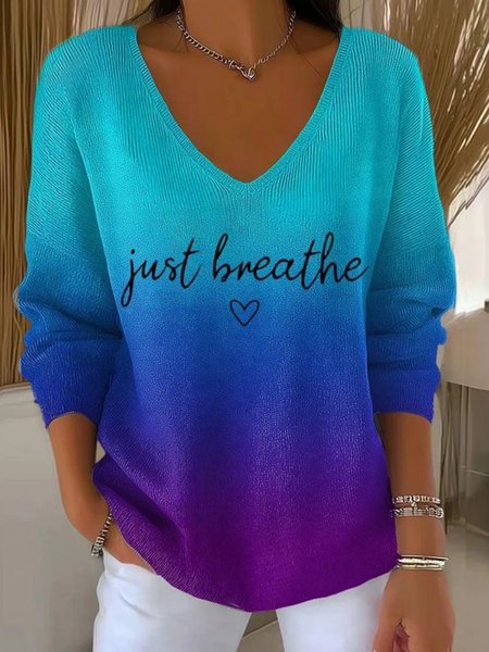

Women Just Breathe Cotton Ombre Print Long Sleeve Comfy Casual Sweater, Blue, T-shirts