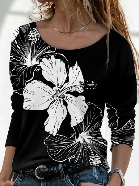 

Women Floral Long Sleeve Tee T-shirt Crew Neck Printing Casual Spring/Fall Graphic Tee Top, Black, T-Shirts