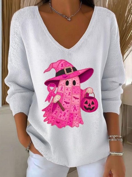 

Halloween Cute Ghost Pattern Women Cotton Long Sleeve Comfy Casual Sweater, White, T-shirts