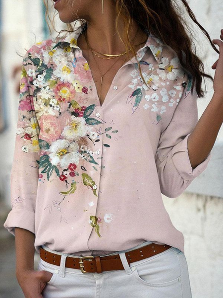 

Women Floral Long Sleeve Shirt Spring/Fall Buckle Shirt Collar Regular Sleeve Daily Casual Top, Pink, Shirts