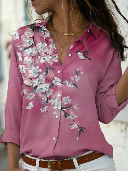 

Women Floral Long Sleeve Shirt Spring/Fall Buckle Shirt Collar Regular Sleeve Daily Casual Top, Pink, Shirts