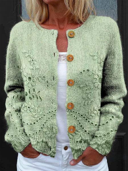 Women Knitted Floral Long Sleeve Comfy Vintage Cardigan