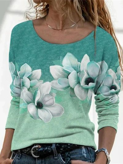 

Women Floral Long Sleeve Tee T-shirt Crew Neck Printing Casual Spring/Fall Graphic Tee Top, Green, T-Shirts