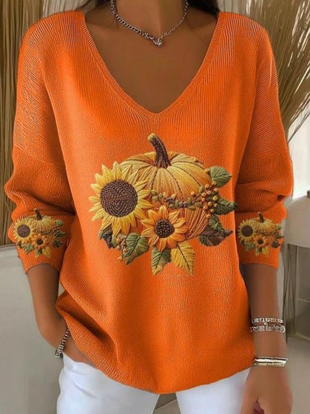 

Women Cotton Sunflower And Pumpkin Long Sleeve Comfy Casual Sweater, Orange, T-shirts