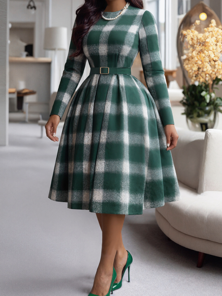 

Elegant Plaid Printing Crew Neck Midi Dress, Green, Midi Dresses