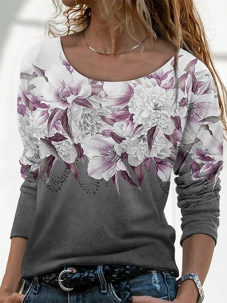 

Women Floral Long Sleeve Tee T-shirt Crew Neck Printing Casual Spring/Fall Graphic Tee Top, Gray, T-Shirts
