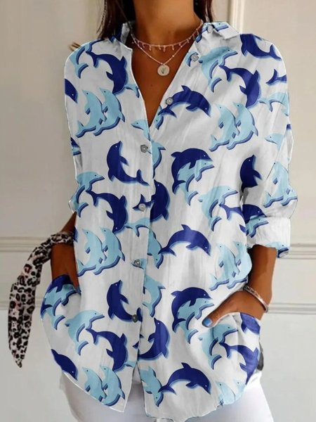 

Women Cute Dolphins Art Print Long Sleeve Cotton Casual Shirt, Blue, T-shirts