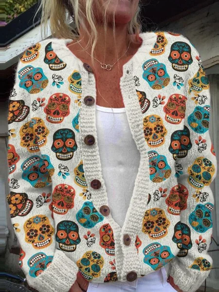 

Women Halloween Skull Pattern Long Sleeve Comfy Casual Cardigan, White, Cardigans