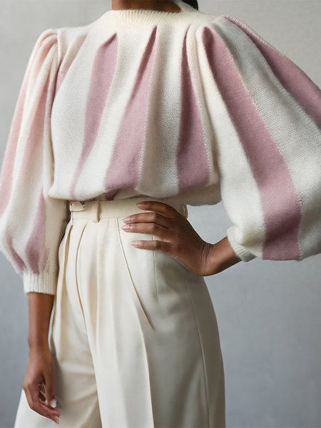 

Casual Color Block Ruched Boat Neck Puff Sleeve Sweater, Pink-white, Pullovers