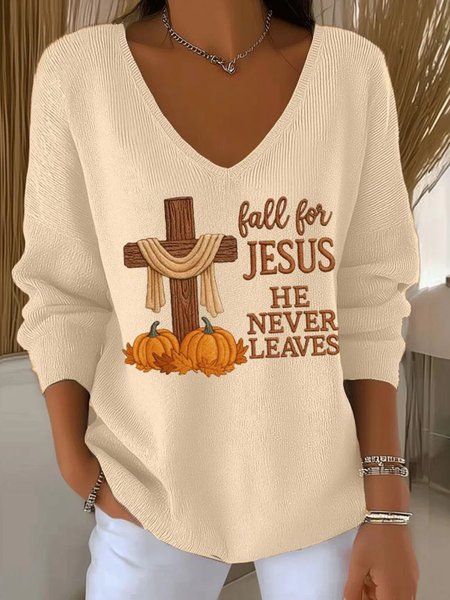 

Women Cotton Jesus Copy Long Sleeve Comfy Casual Sweater, Apricot, T-shirts