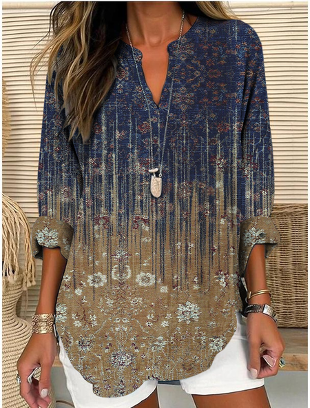 

Shawl Collar Half Sleeve Striped Regular Loose Blouse For Women, As picture, Blouses