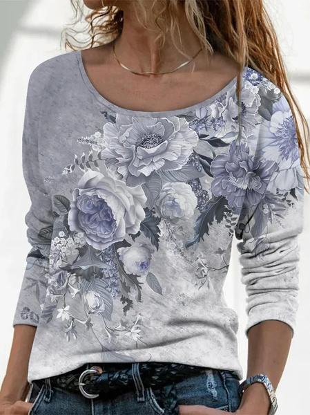 

Women Floral Long Sleeve Tee T-shirt Crew Neck Printing Casual Spring/Fall Graphic Tee Top, Gray, T-Shirts