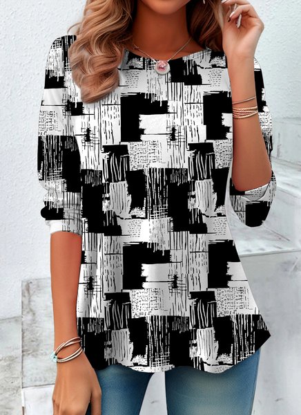 

Vintage Color Block Crew Neck Long Sleeve T-shirt, Black, T-shirts