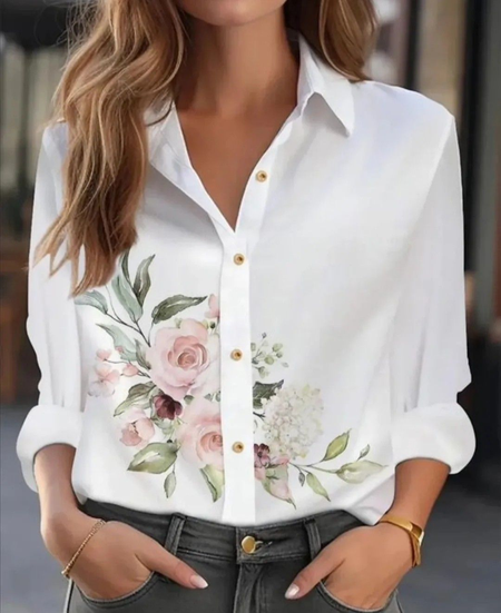 

Women Floral Long Sleeve Shirt Spring/Fall Buckle Shirt Collar Regular Sleeve Daily Casual Top, White, Shirts