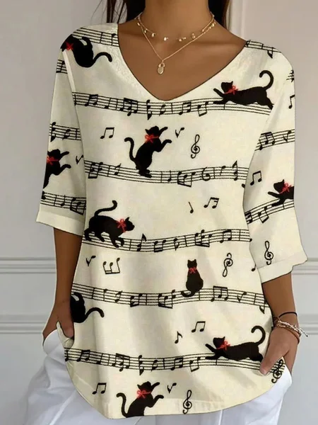 

Vintage Cat And Music Art Print Crew Neck Three Quarter Sleeve T-shirt, Beige, T-shirts