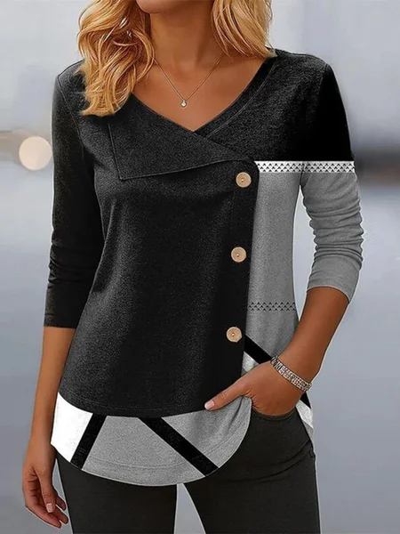 

Casual Colorblock V Neck Long Sleeve T-shirt, Black, T-shirts