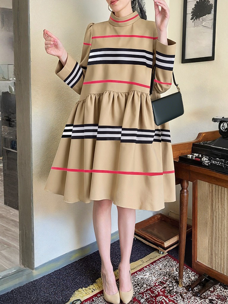 

Urban Striped Printing Stand Collar Knee Length Dress, As picture, Midi Dresses