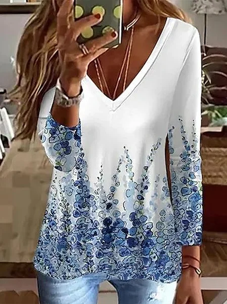 

Women Abstract Long Sleeve Tee T-shirt V Neck Printing Casual Spring/Fall Graphic Tee Top, White, T-Shirts
