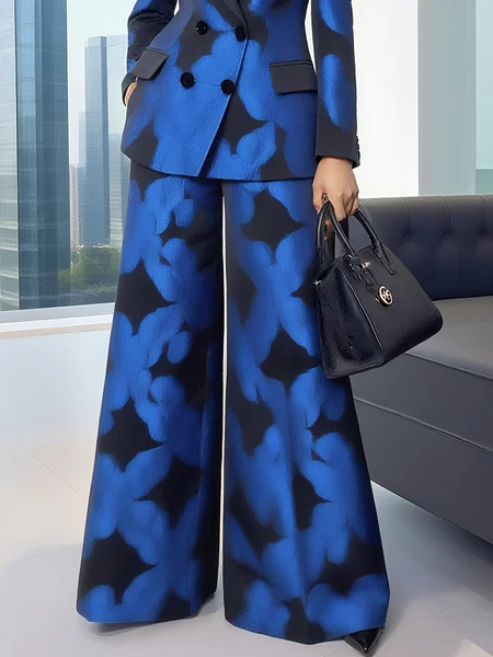 

Elegant Floral Jacquard Wide Leg Pants, Black-blue, Pants