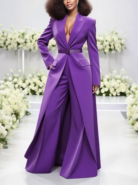 

Urban Plain Lapel Collar Blazer No Belt, Purple, Blazers