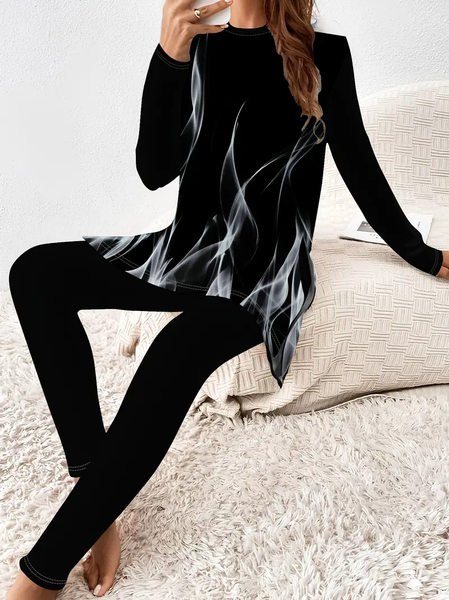 

Women Abstract Printing Two-Piece Set Daily Long Sleeve Casual Spring/Fall Top With Pants Matching Set, Black, Suit Set