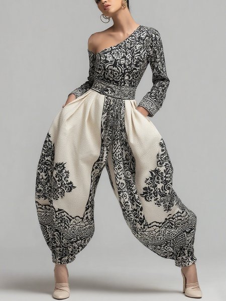 Casual Off Shoulder Sleeve Printing Random Print Asymmetrical Jumpsuit