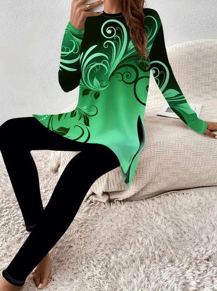 

Women Abstract Printing Two-Piece Set Daily Long Sleeve Casual Spring/Fall Top With Pants Matching Set, Green, Suit Set