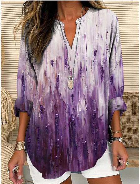 

Shawl Collar Half Sleeve Striped Regular Loose Blouse For Women, As picture, Blouses