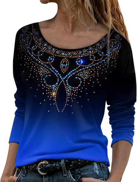 

Women Ombre Long Sleeve Tee T-shirt Crew Neck Printing Casual Spring/Fall Graphic Tee Top, Blue, T-Shirts