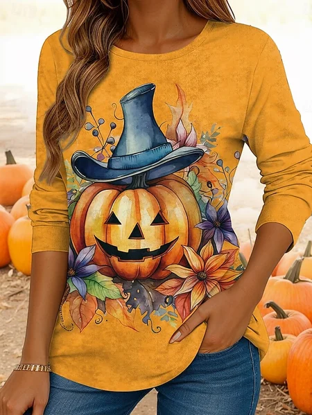 

Casual Sunflower Crew Neck Long Sleeve T-shirt, As picture, T-shirts