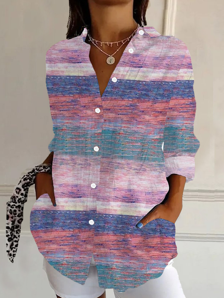 

Women Abstract Stripes Long Sleeve Shirt Spring/Fall Buckle Shirt Collar Regular Sleeve Daily Casual Top, Pink, Shirts
