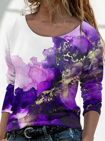

Casual Abstract Crew Neck Long Sleeve T-shirt, Purple, T-shirts