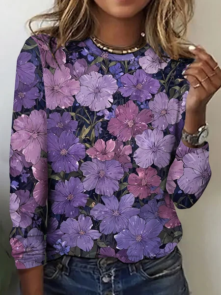 

Women Floral Long Sleeve Tee T-shirt Crew Neck Vintage Spring/Fall Top, As picture, T-Shirts