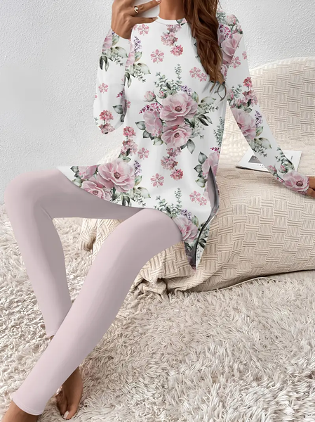 

Women Floral Printing Two-Piece Set Daily Long Sleeve Casual Spring/Fall Top With Pants Matching Set, Pink, Suit Set