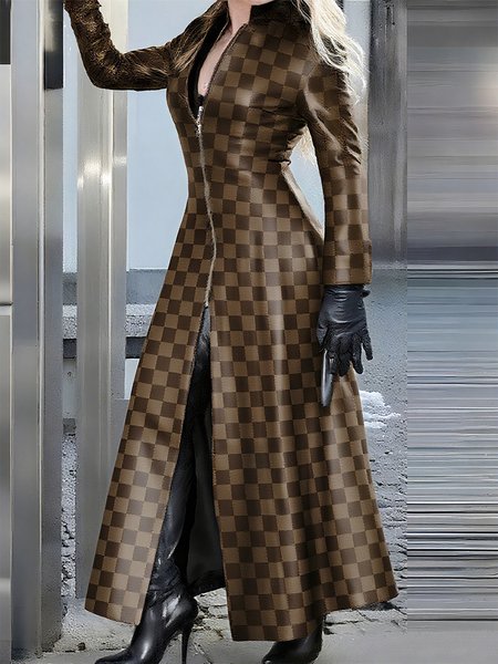 

Urban Plaid Stand Collar Faux Leather Coat, Brown, Jackets