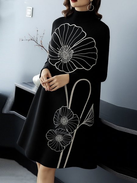 

Elegant Floral Stand Collar Mini Dress, Black, Midi Dresses
