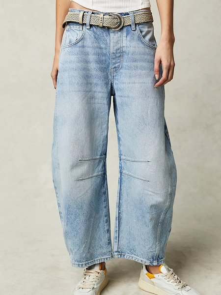 

Buckle Cotton Loose Casual Women's Loose Wide Leg Pants Mid-low Rise Washed Scimitar Pants Jeans, Blue, Jeans