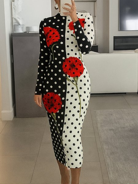 

Casual Polka Dots Printing Crew Neck Midi Dress, Black-white, Midi Dresses