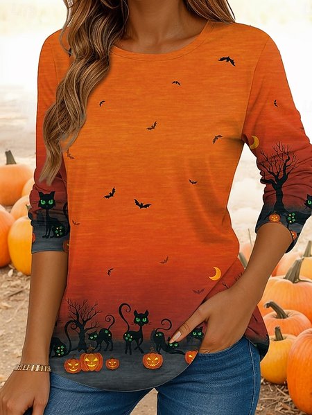 

Women Cat Long Sleeve Tee T-shirt Crew Neck Casual Spring/Fall Top, As picture, T-Shirts