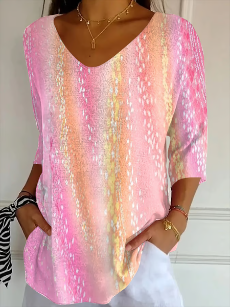 

Women Abstract Three Quarter Sleeve Tee T-shirt V Neck Printing Casual Spring/Fall Graphic Tee Top, Pink, T-Shirts