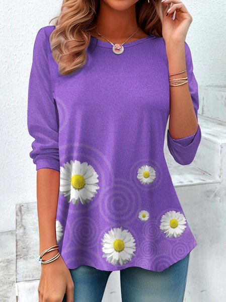 

Vintage Floral Crew Neck Long Sleeve T-shirt, Purple, T-shirts