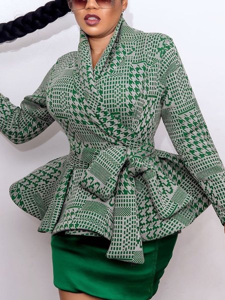

Urban Printing Houndstooth Shawl Collar Jacket With Belt, Green, Jackets