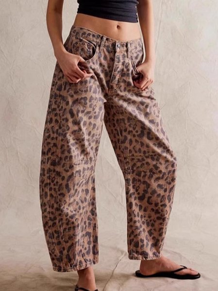 

Buckle Cotton Loose Casual Women's Loose Wide Leg Pants Mid-low Rise Washed Scimitar Pants Jeans, Leopard, Jeans