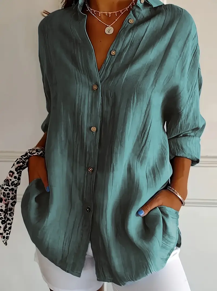 

Women Plain Long Sleeve Shirt Spring/Fall Buckle Shirt Collar Regular Sleeve Daily Casual Top, Green, Shirts