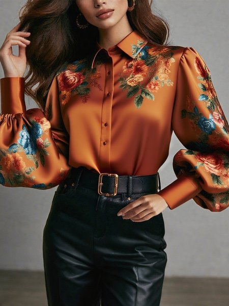 

Satin Elegant Floral Printing Shirt Collar Balloon Sleeve Shirt, As picture, Blouses and Shirts