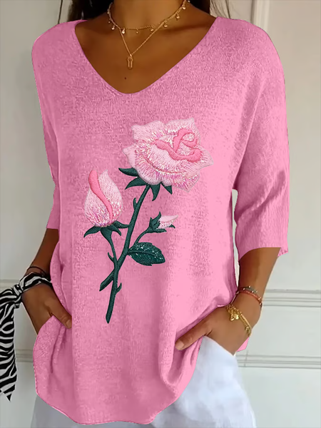 

Women Floral Three Quarter Sleeve Tee T-shirt V Neck Printing Casual Spring/Fall Graphic Tee Top, Pink, T-Shirts