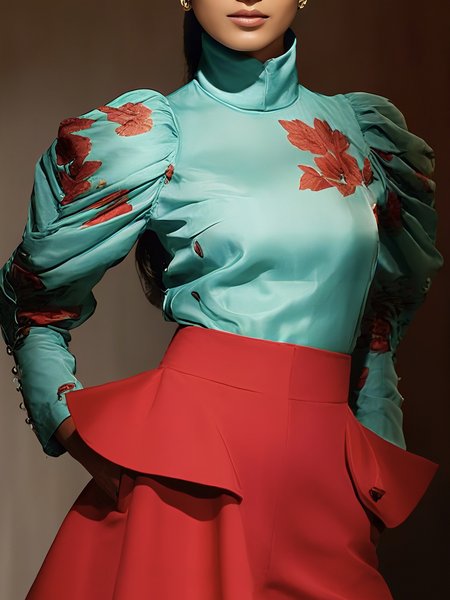 

Urban Floral Printing Puff Sleeve Blouse, Blue, Blouses and Shirts