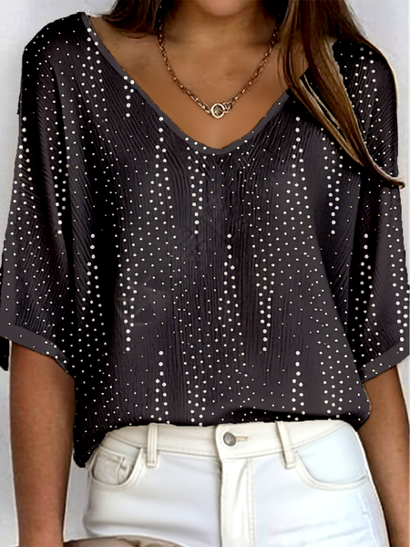 Vintage Polka Dots V Neck Three Quarter Sleeve T-shirt